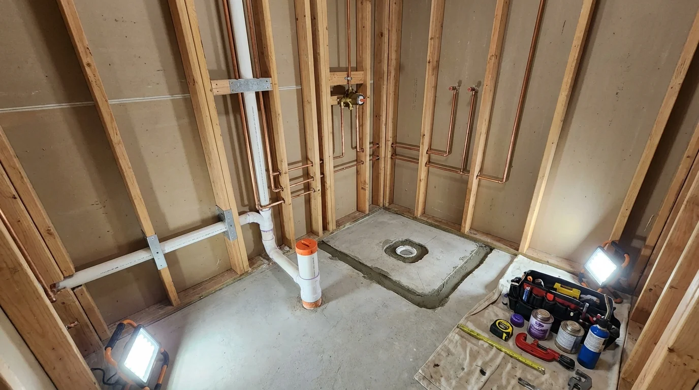 Bathroom rough-in plumbing during remodel by Johns Plumbing LLC in Groveland