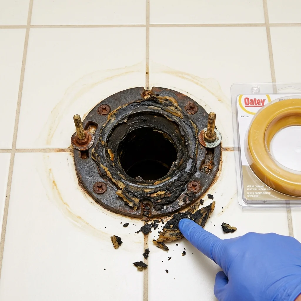 Failed wax ring showing water seepage at the base of a toilet in a Groveland, FL home