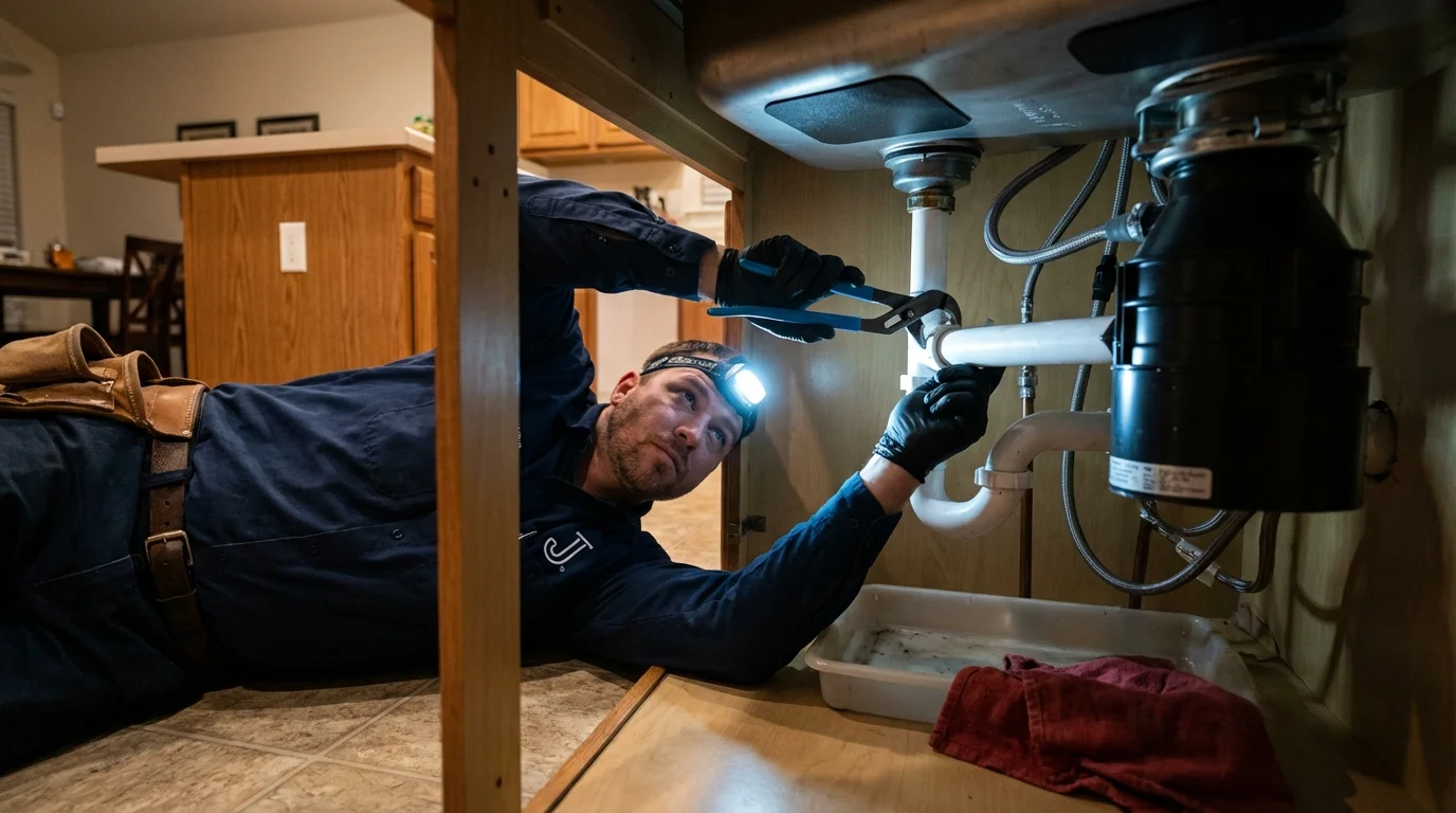 P-trap and supply line connections under a kitchen sink showing a common leak point in Groveland, FL